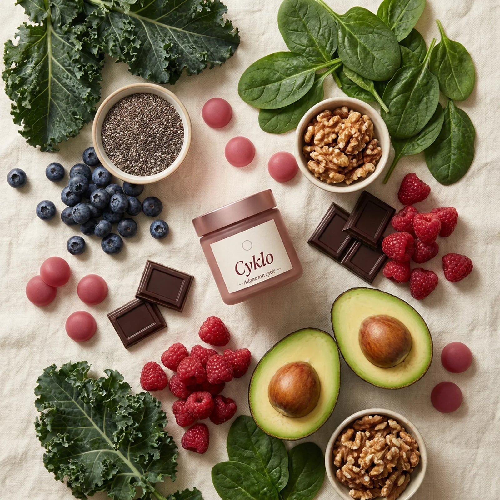 Flat lay d'aliments anti-inflammatoires et Cyklo Days pour soulager les règles douloureuses