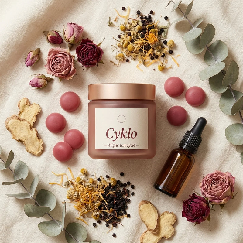Composition de remèdes naturels et gummies Cyklo Days pour soulager les crampes menstruelles